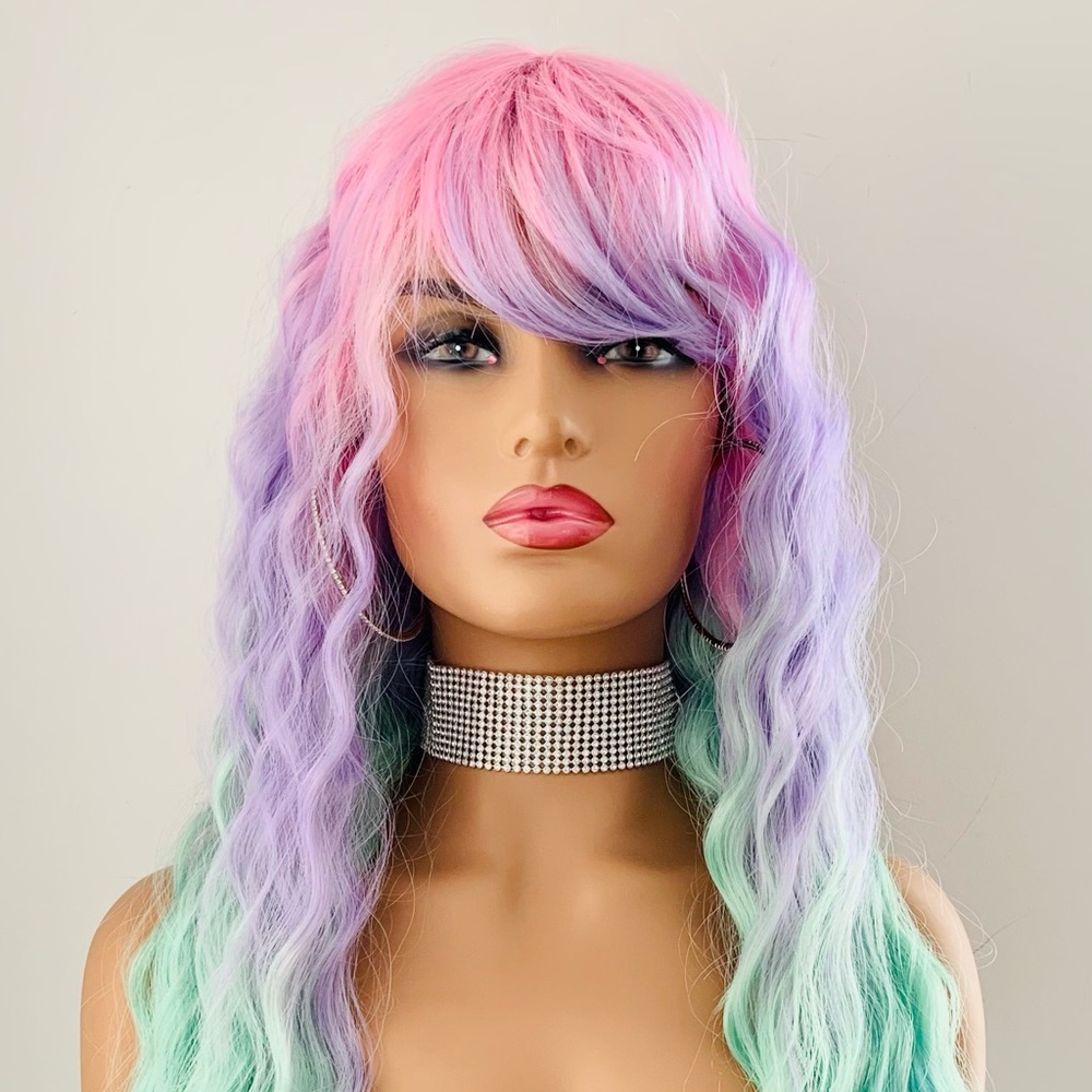 30” Unicorn Color Premium Fiber Wig with Bangs for Events or Daily Wear